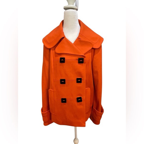 French Connection Vibrant Orange Wool Pea Coat - Picture 2 of 8